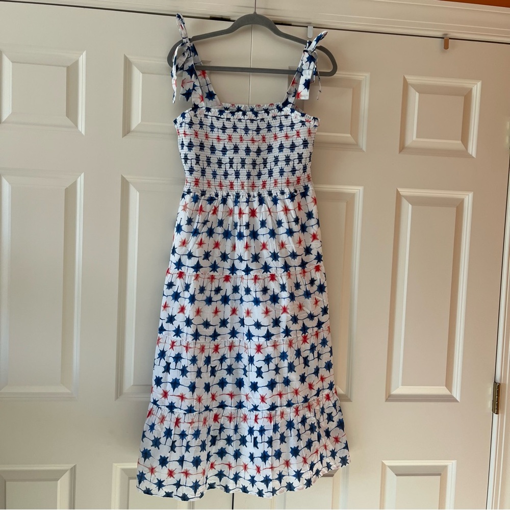 NWT J.Crew Smocked White Sundress with Red & Navy Star Print